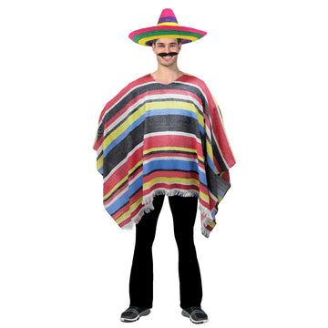 Adult Mexican Poncho (Red Blue Black Yellow Stripe)