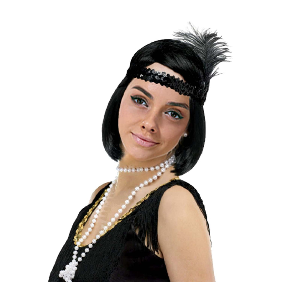 Deluxe 1920s Sequin Flapper Headband, Pearls, Cig Holder Set