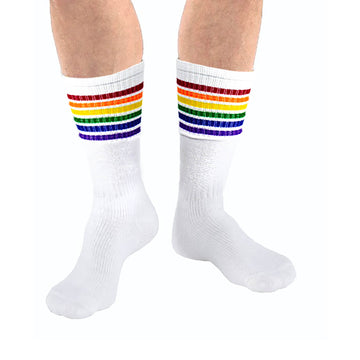 White Crew Socks with Rainbow Stripe
