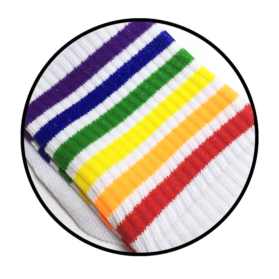 White Crew Socks with Rainbow Stripe