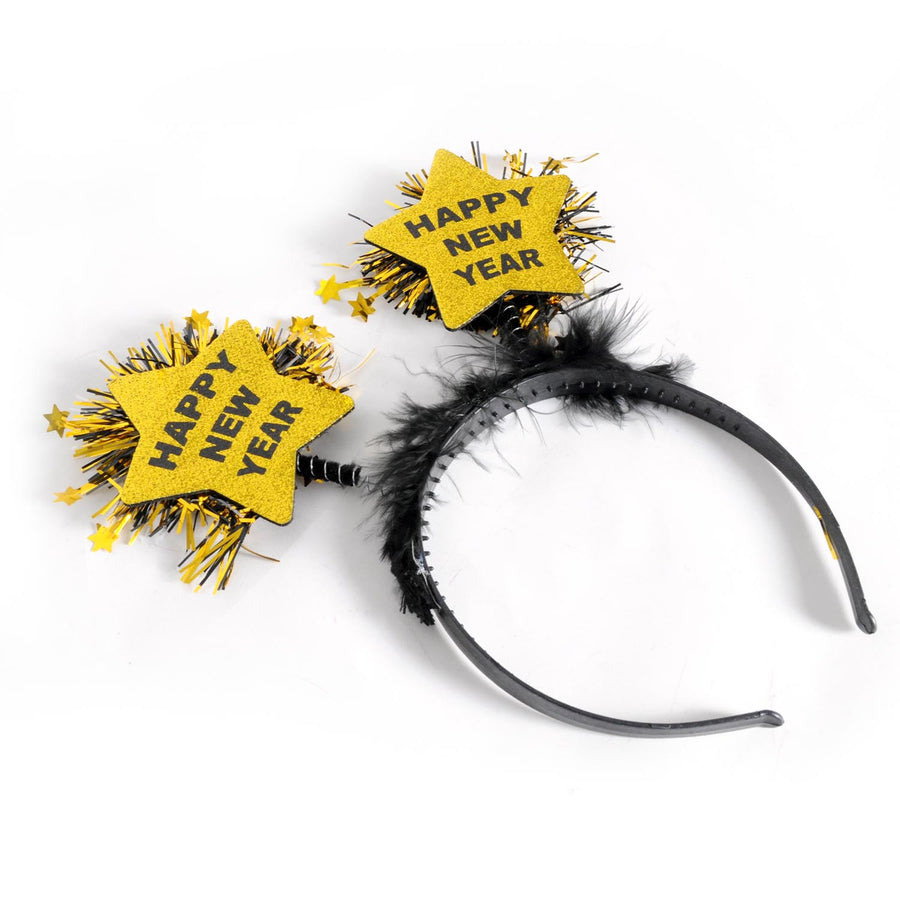 Happy New Year Gold Star Headband with Black Fluff