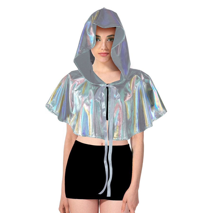 Adult Iridescent Metallic Mini Hooded Cape (Silver)