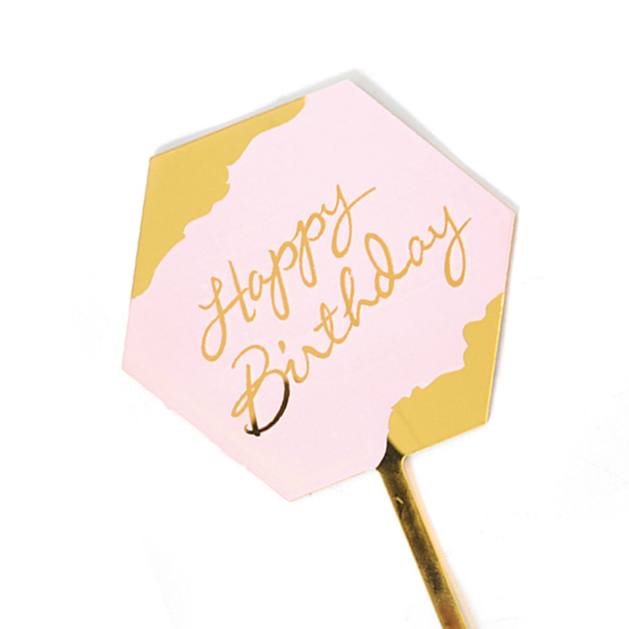 Deluxe Happy Birthday Perspex Cake Topper (Pink and Gold Hexagon)