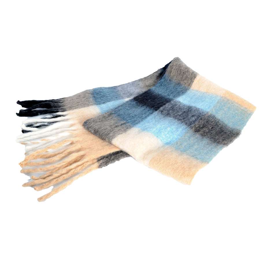 Chunky Check Winter Scarf (Brown and Blue)