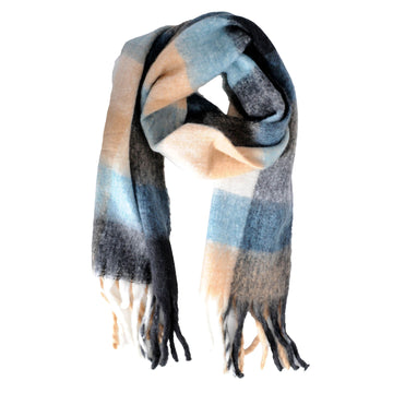 Chunky Check Winter Scarf (Brown and Blue)