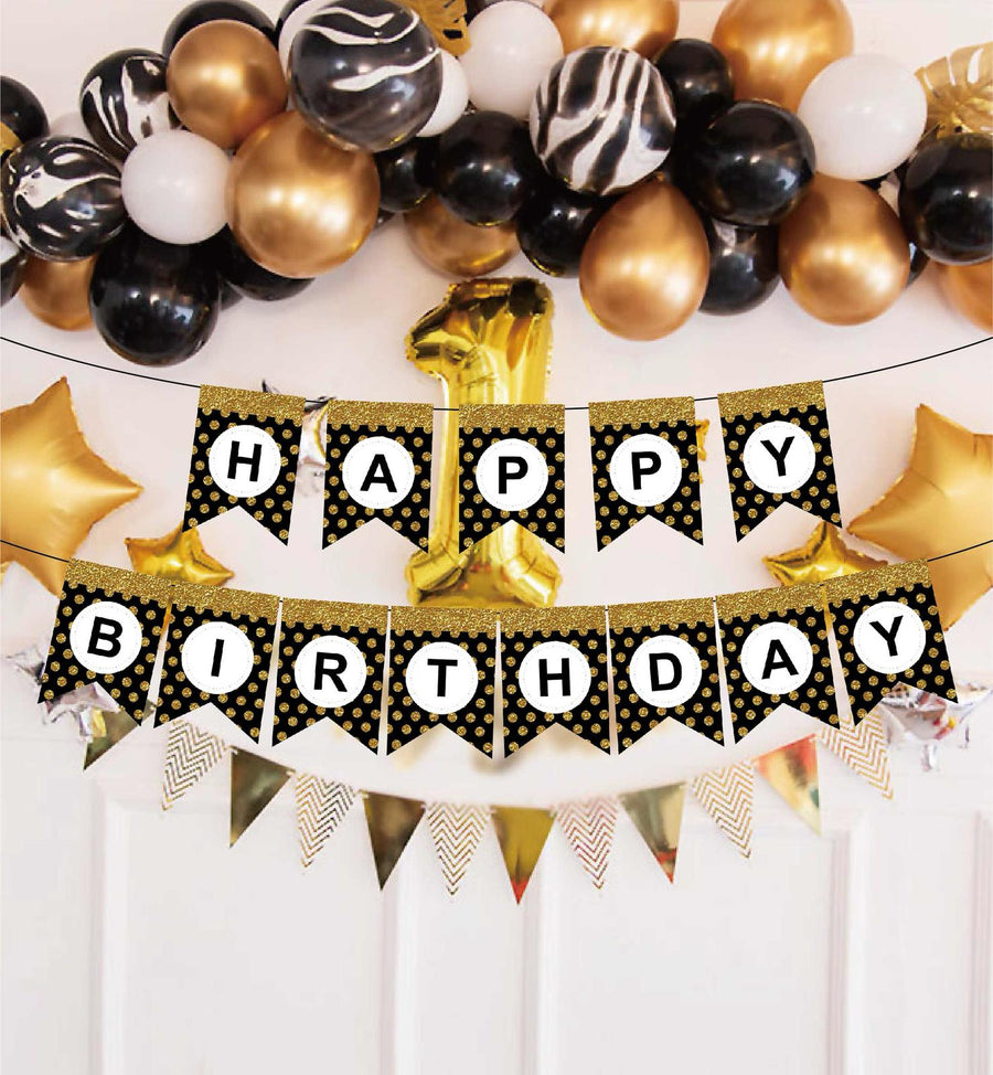 Black Happy Birthday Bunting with Gold Glitter Dots