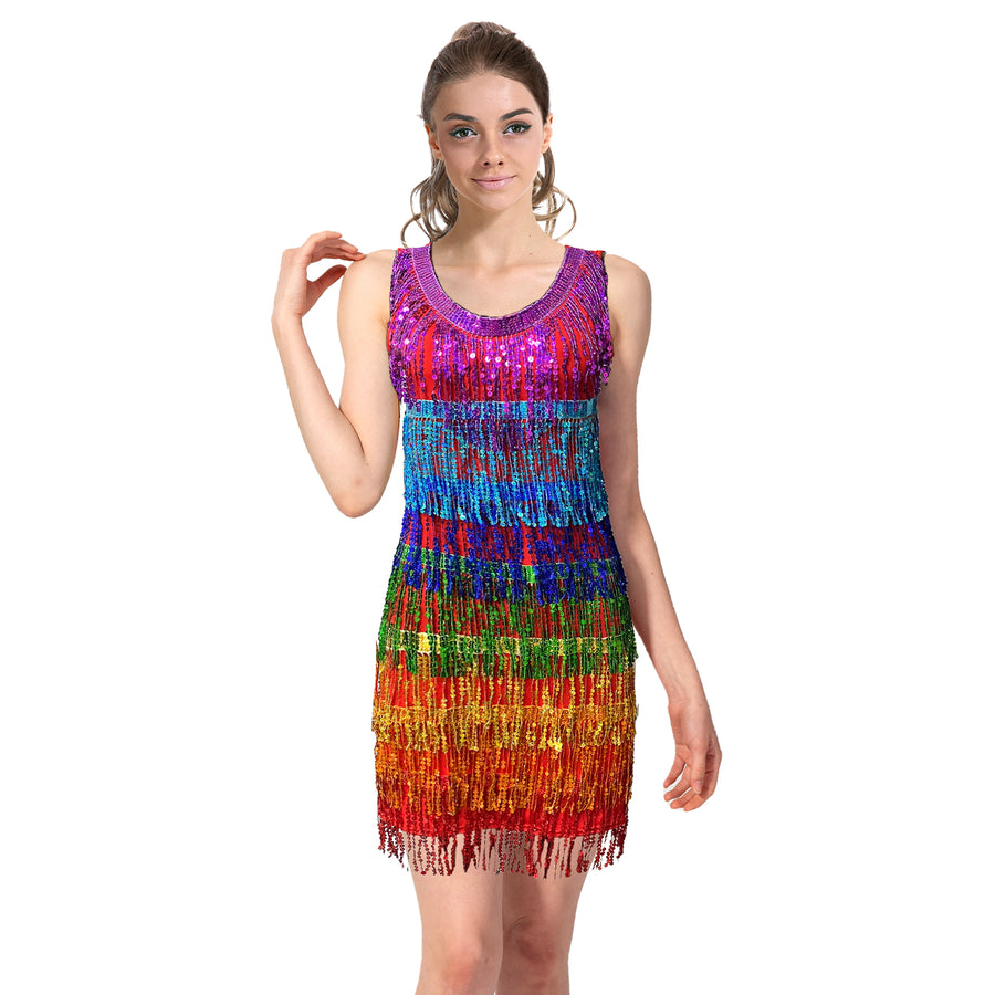 Adult Rainbow Sequin Fringe Dress