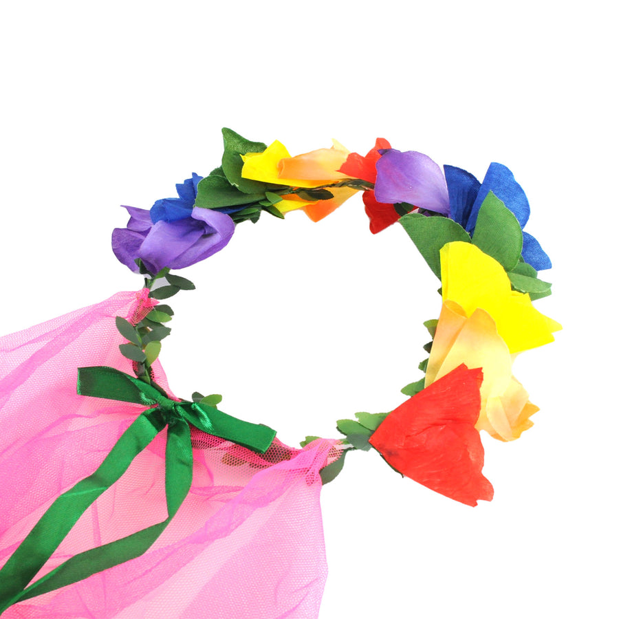 Rainbow Flower Crown Headband with Veil