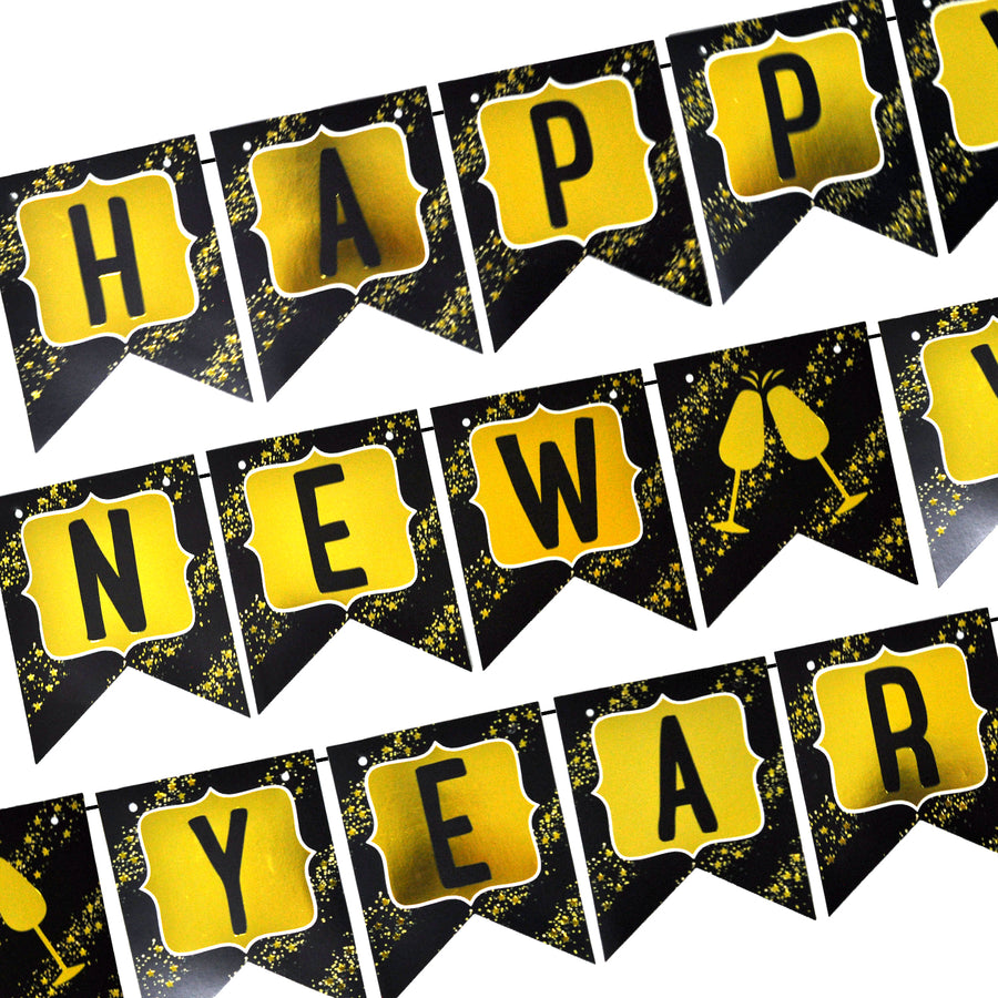 Happy New Year Banner (Black with Gold text)