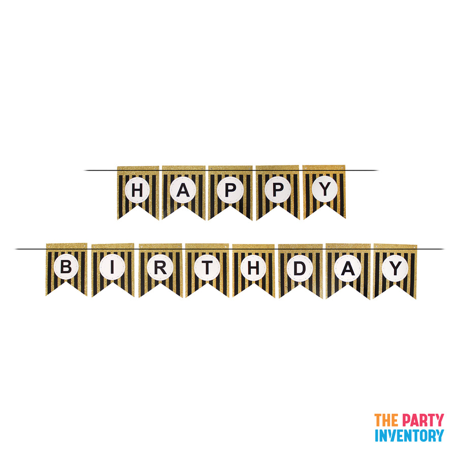 Black Happy Birthday Bunting with Gold Glitter Stripes