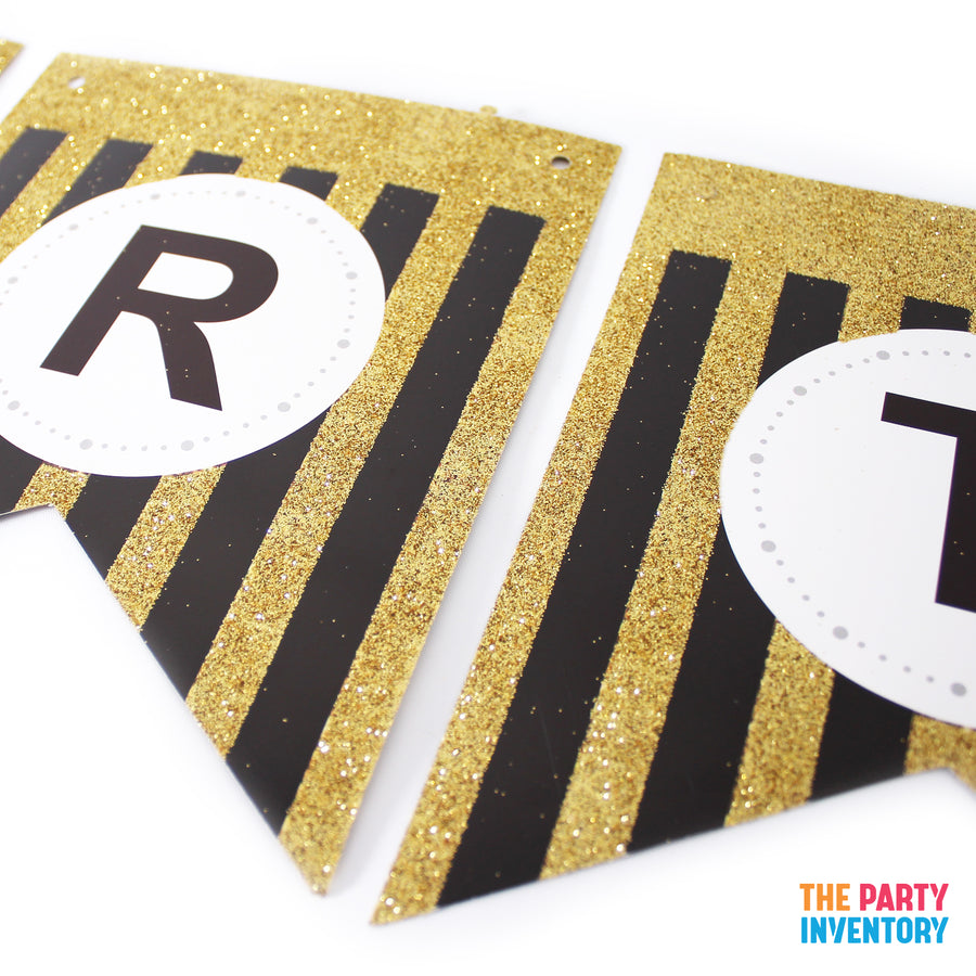 Black Happy Birthday Bunting with Gold Glitter Stripes