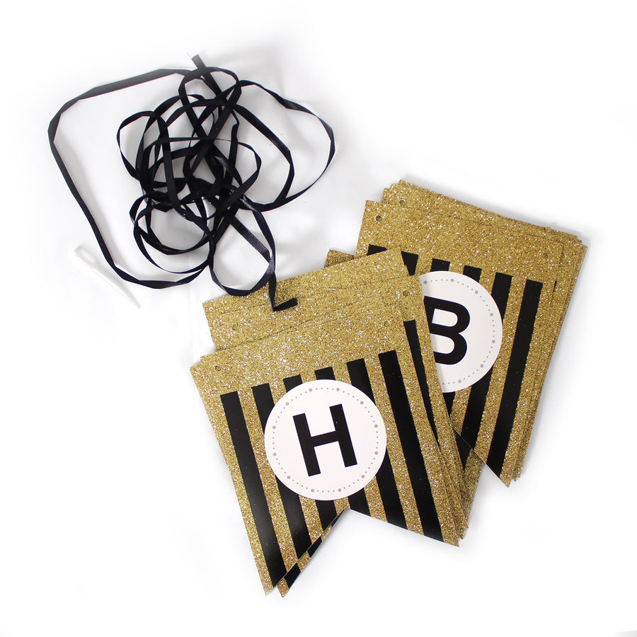 Black Happy Birthday Bunting with Gold Glitter Stripes