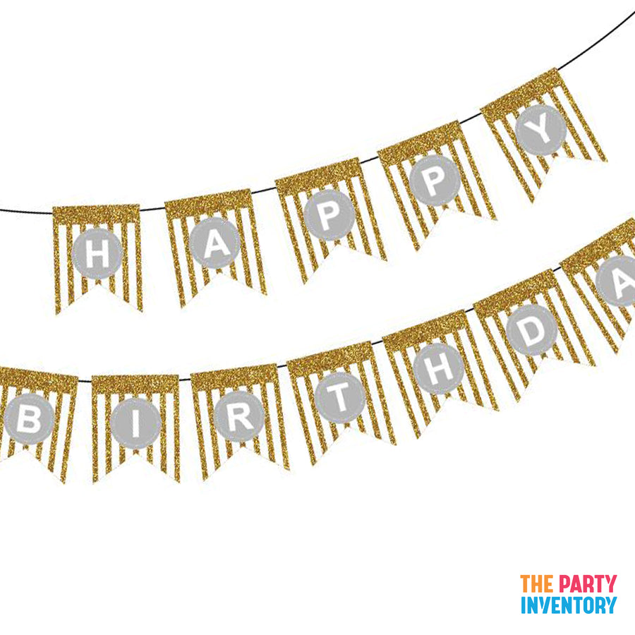 White Happy Birthday Bunting with Gold Glitter Stripes