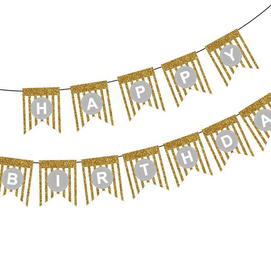 White Happy Birthday Bunting with Gold Glitter Stripes