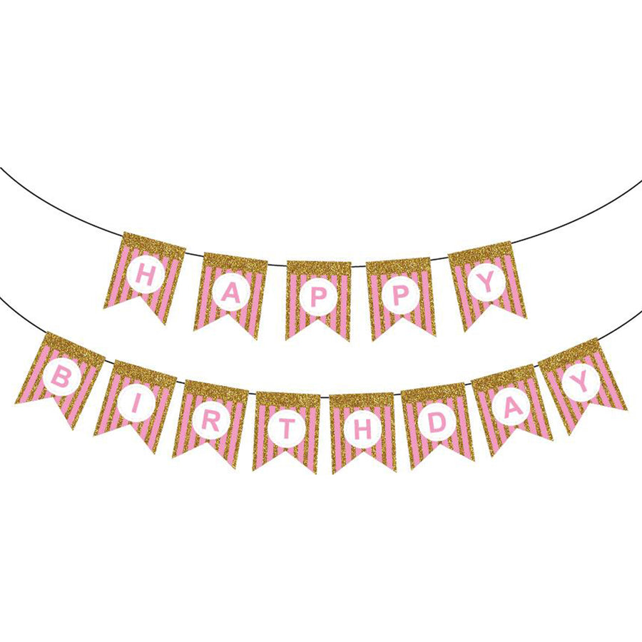 Pink Happy Birthday Bunting with Gold Glitter Stripes