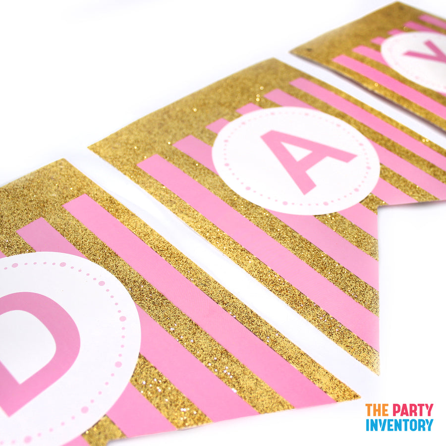 Pink Happy Birthday Bunting with Gold Glitter Stripes