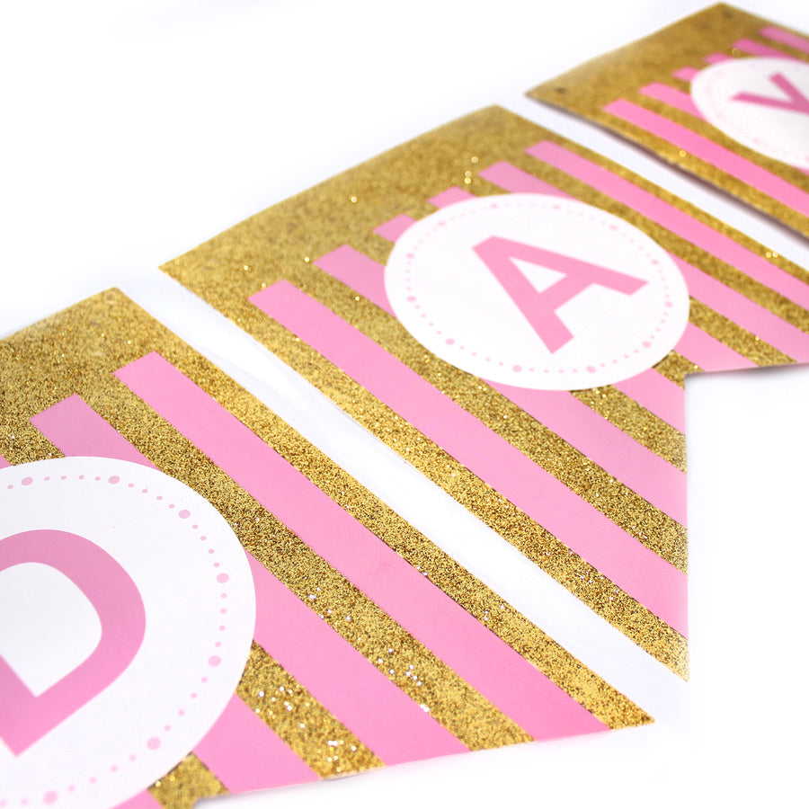 Pink Happy Birthday Bunting with Gold Glitter Stripes