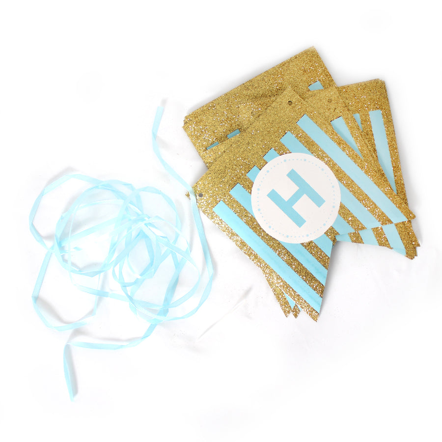 Blue Happy Birthday Bunting with Gold Glitter Stripes