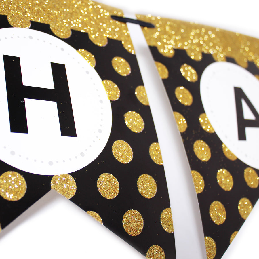 Black Happy Birthday Bunting with Gold Glitter Dots