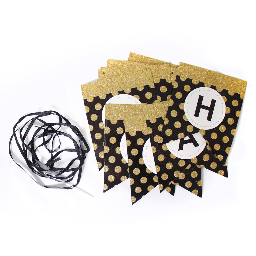 Black Happy Birthday Bunting with Gold Glitter Dots