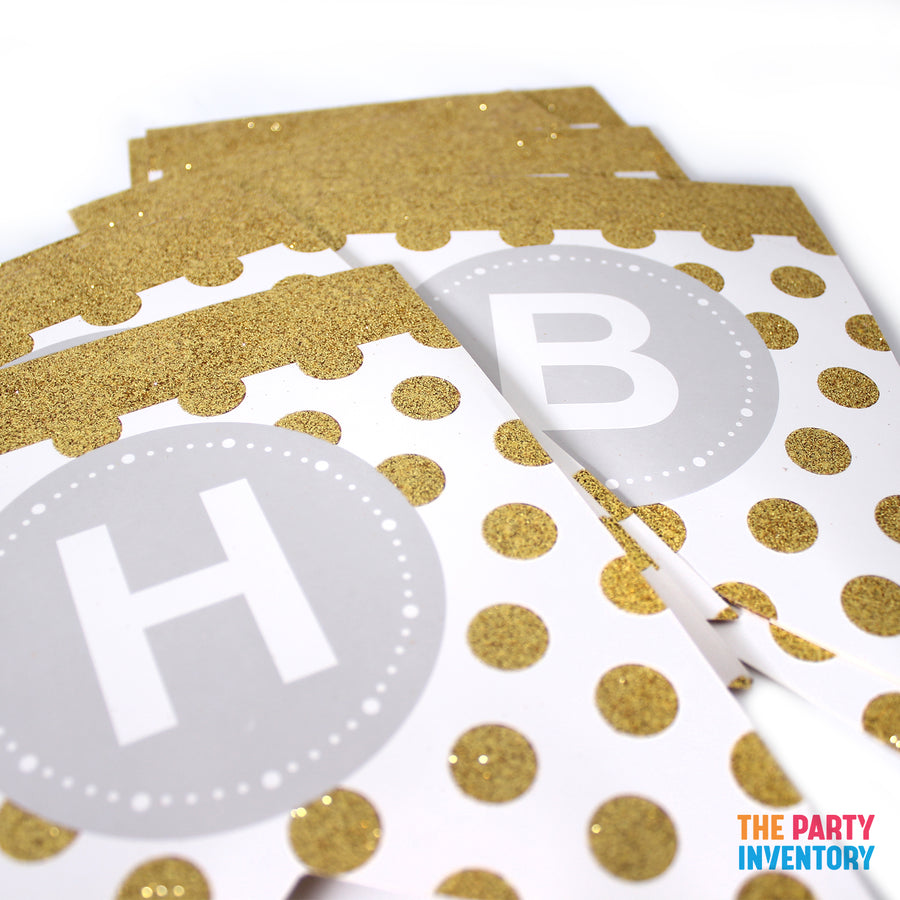 White Happy Birthday Bunting with Gold Glitter Dots