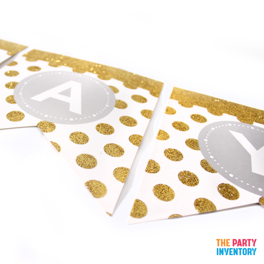 White Happy Birthday Bunting with Gold Glitter Dots