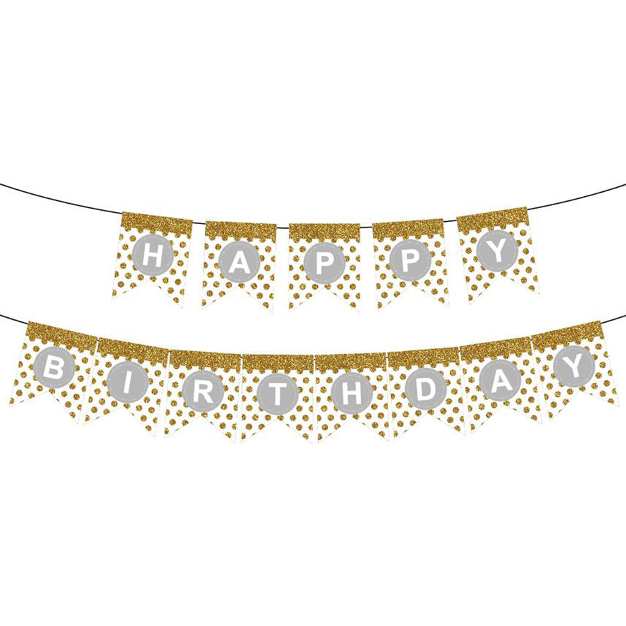 White Happy Birthday Bunting with Gold Glitter Dots