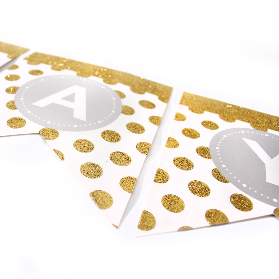 White Happy Birthday Bunting with Gold Glitter Dots