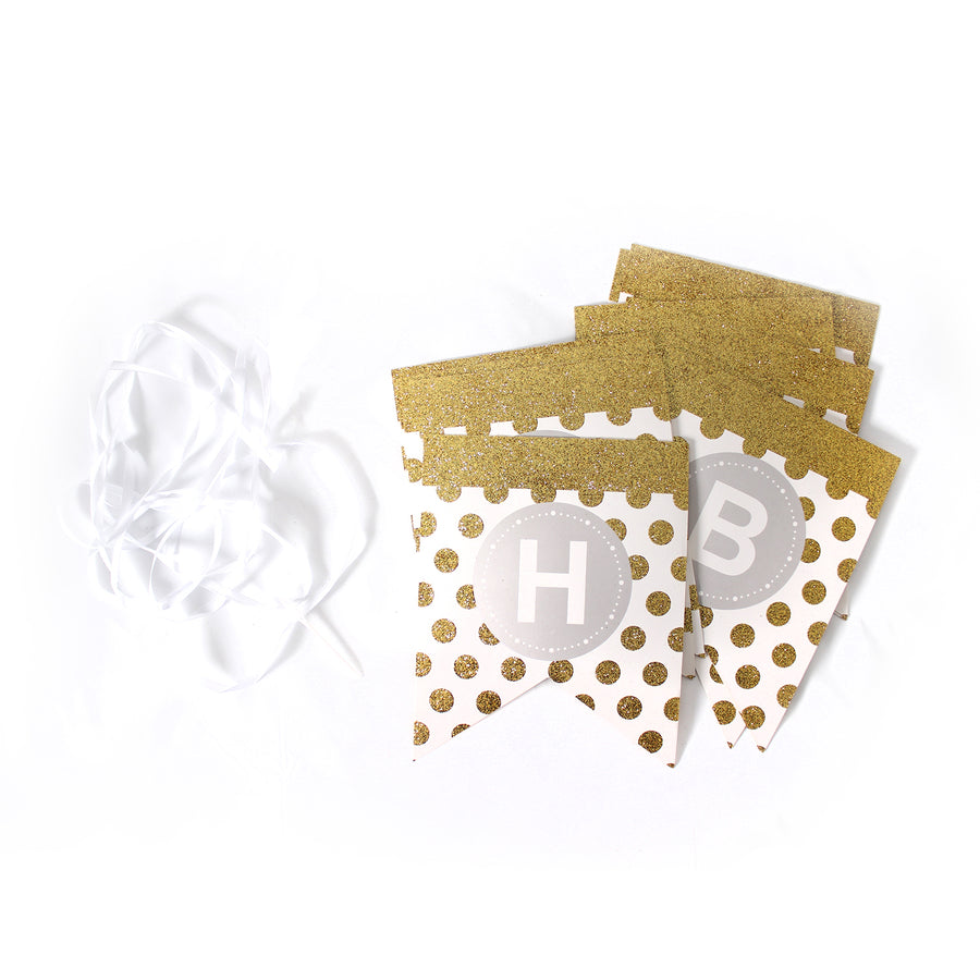 White Happy Birthday Bunting with Gold Glitter Dots