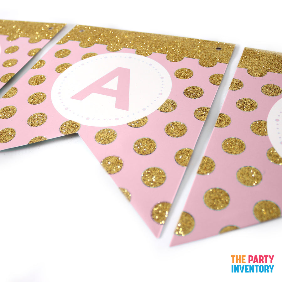 Pink Happy Birthday Bunting with Gold Glitter Dots