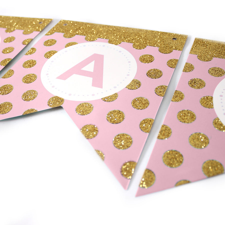 Pink Happy Birthday Bunting with Gold Glitter Dots