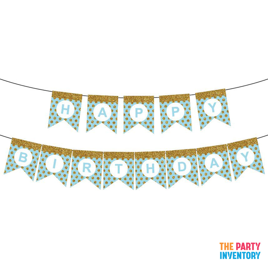 Blue Happy Birthday Bunting with Gold Glitter Dots