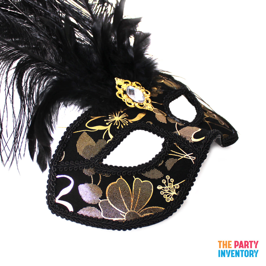 Deluxe Black & Gold Mask with Feathers