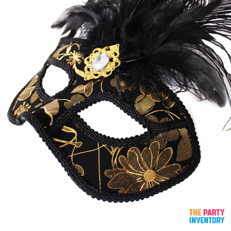 Deluxe Black & Gold Mask with Feathers