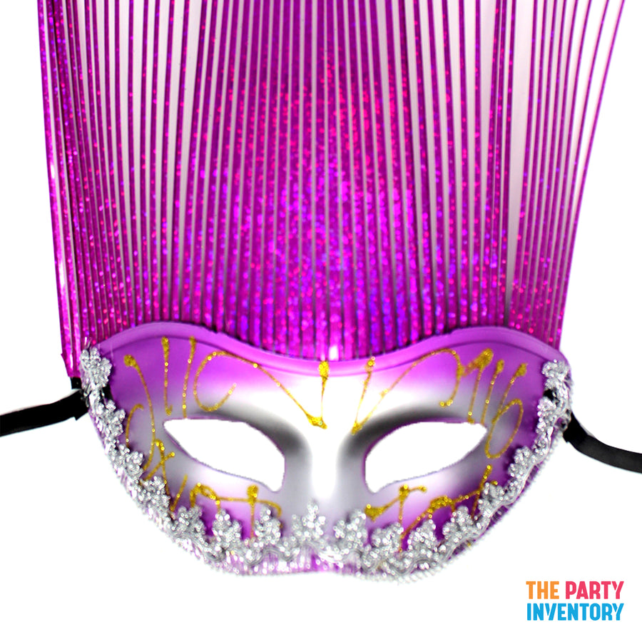 Hot Pink Metallic Mask with Tall Tinsel