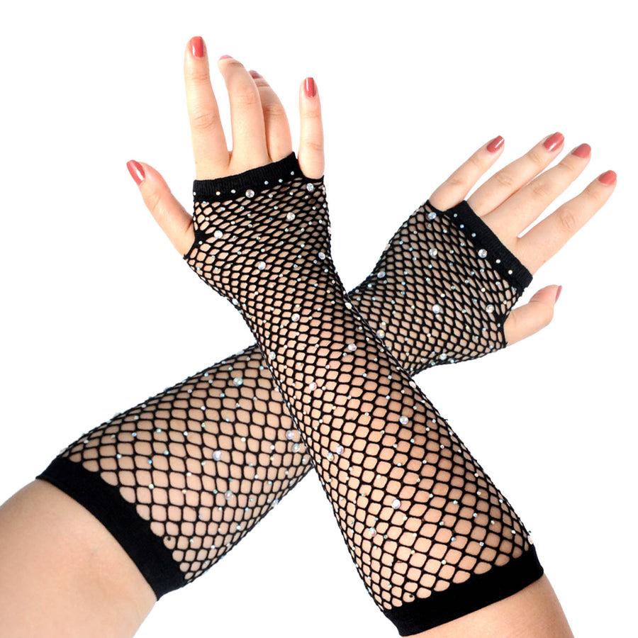 Black Fishnet Glove with Diamantes (LONG)