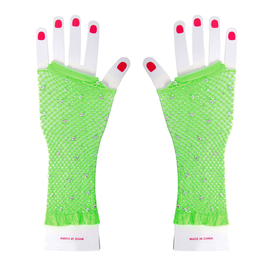 Fluro Green Fishnet Glove with Diamantes (LONG)