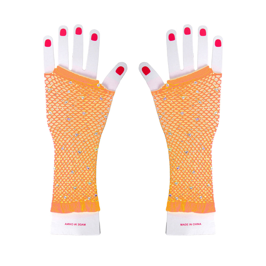 Fluro Orange Fishnet Glove with Diamantes (LONG)