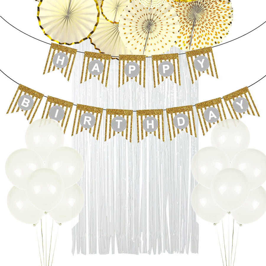 White and Gold Birthday Decoration Kit (Stripes)