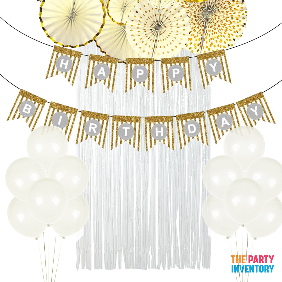 White and Gold Birthday Decoration Kit (Stripes)