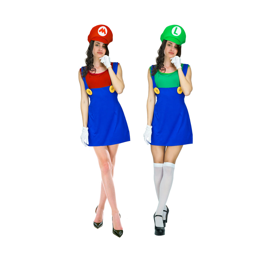 Adult Green Luigi & Red Mario Lady Costume Set