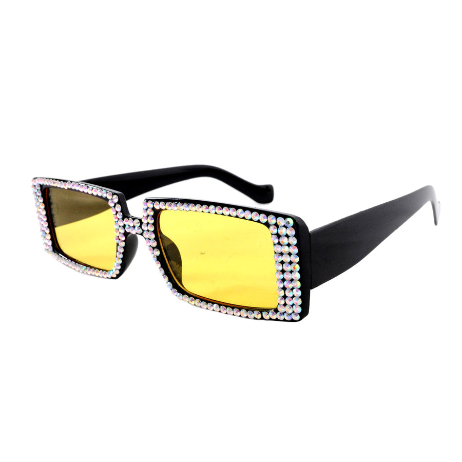 Diamanté Rectangle Party Glasses with Yellow Lens