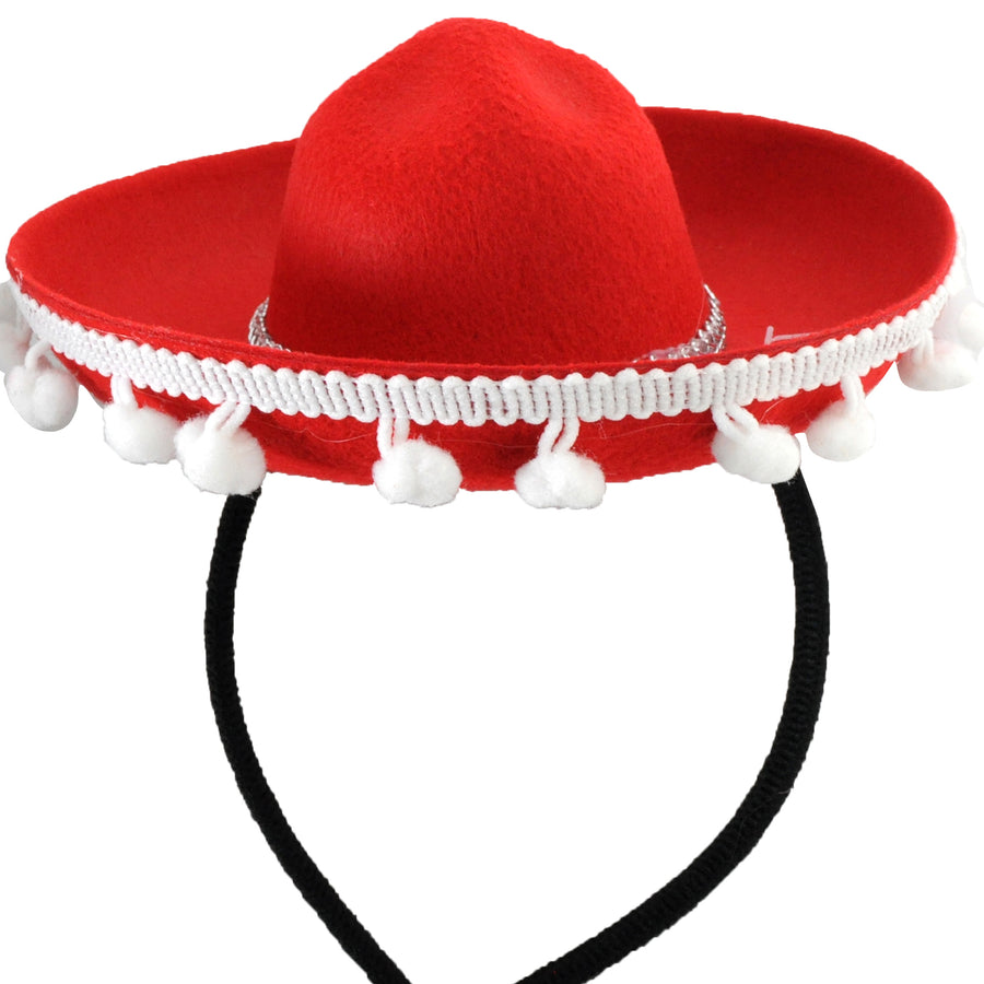 Red Sombrero Headband with White Pom Poms