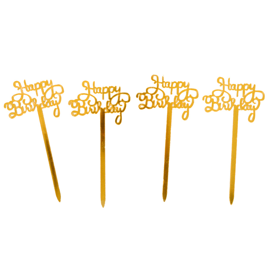 4pk Happy Birthday Cupcake Toppers (Gold)