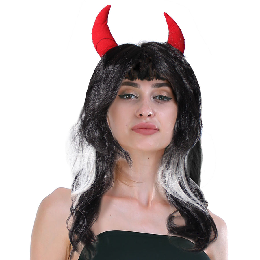 Long Black and White Wig with Devil Horns