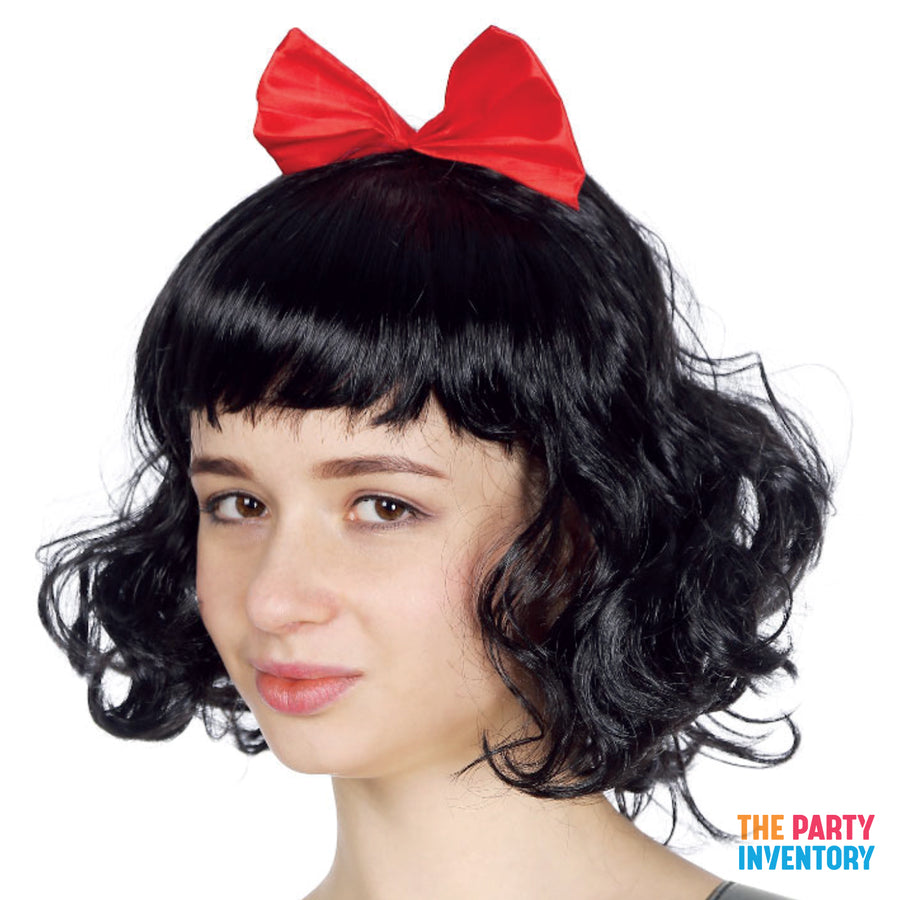 Short Wavy Wig Black with Red Bow