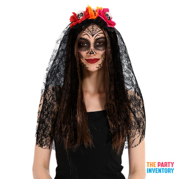 Day of the Dead Black Lace Veiled Headband