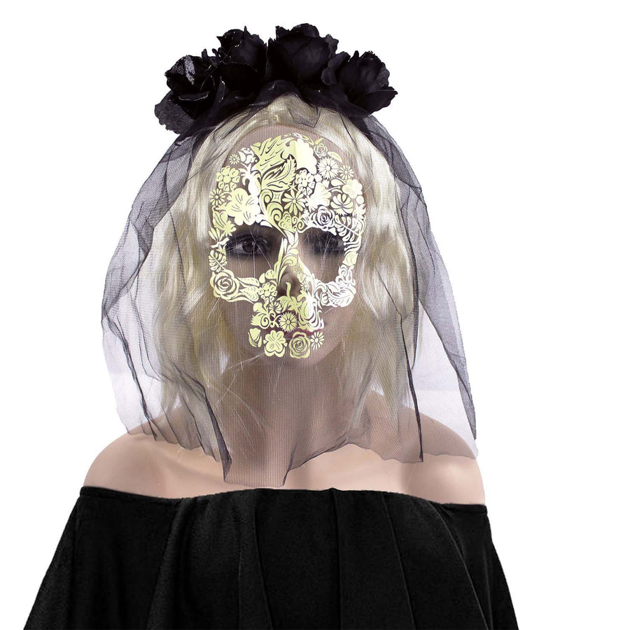 Day of the Dead Veiled Rose Headband (Black)