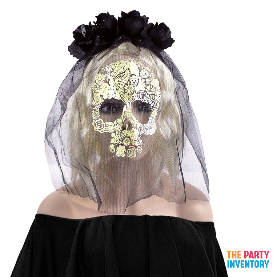 Day of the Dead Veiled Rose Headband (Black)