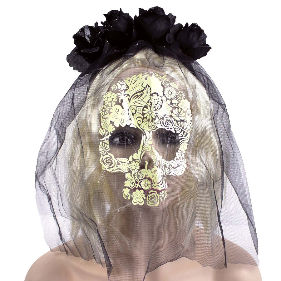 Day of the Dead Veiled Rose Headband (Black)